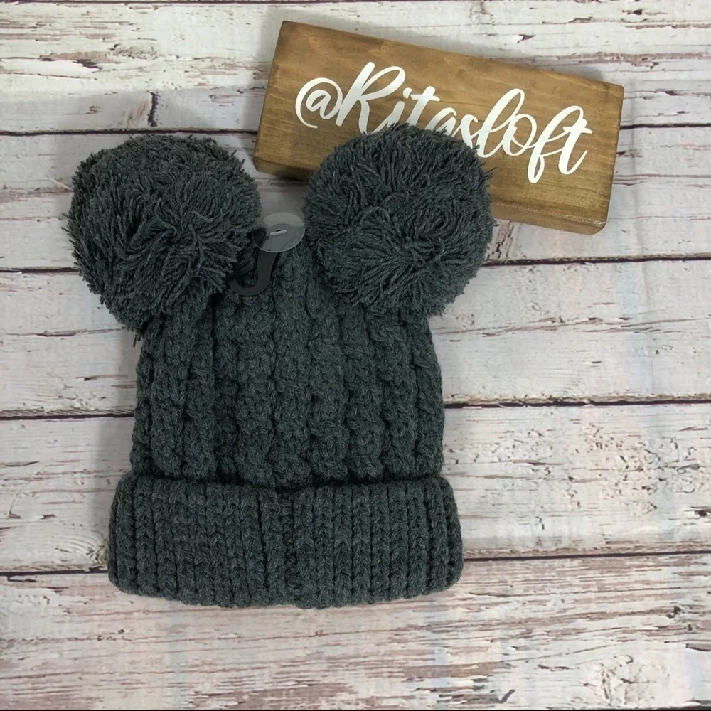 CC Beanie Kids Chunky Cable Knit Hat Double Pom‎
